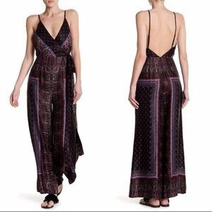 Free People Satin Boho Black and Purple Wide Leg Jumpsuit Size 0